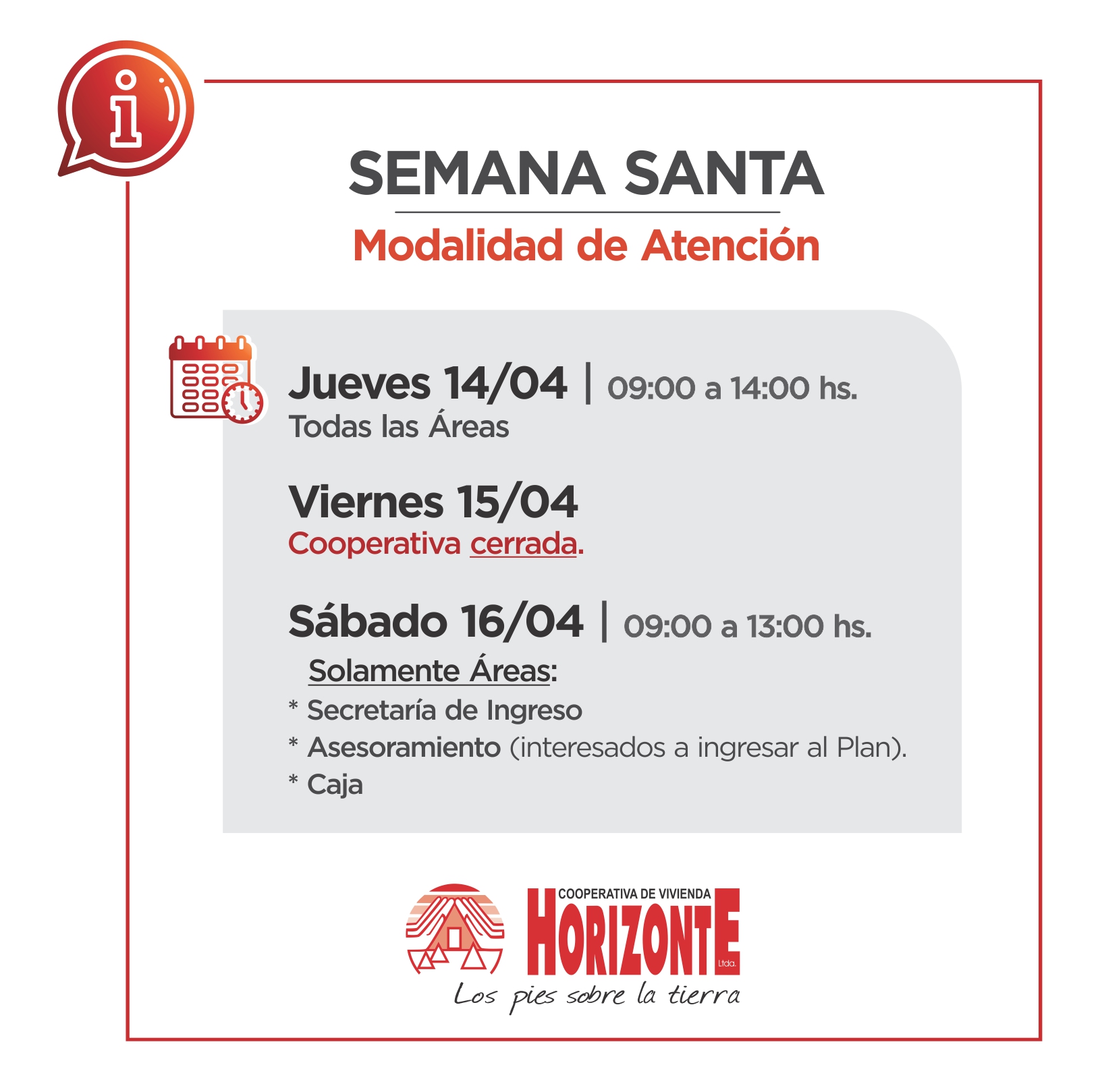 HORARIOS SEMANA SANTA Cooperativa Horizonte