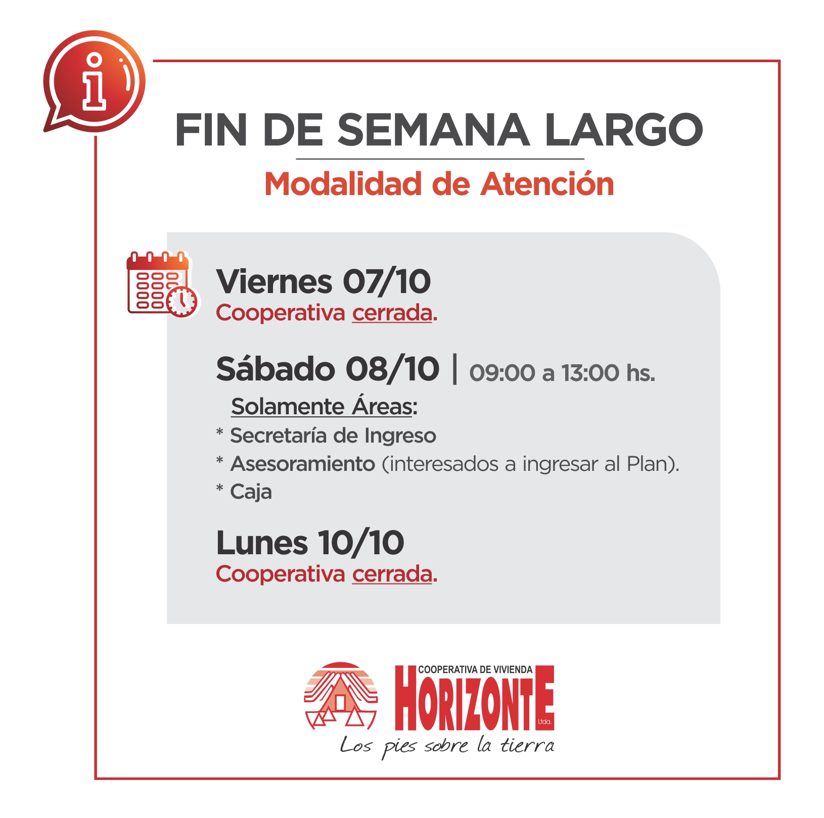 HORARIOS FINDE LARGO OCTUBRE Cooperativa Horizonte